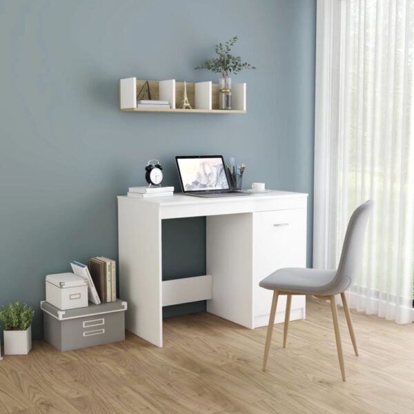 Modern White Writing Desk with Cabinet Storage Study Table Engineered Wood