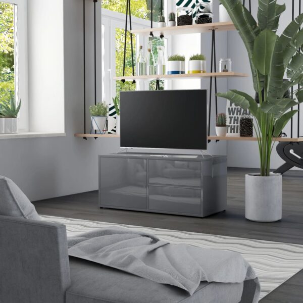 High Gloss Grey TV Stand Cabinet Engineered Wood Classic  Storage Organizer