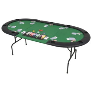 Folding Oval Poker Table Green Polyester Top Dealer Tray Cup Holders Home Casino