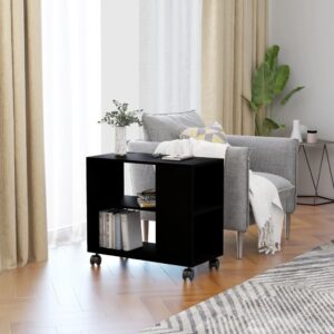 Elegant Black Side Table Engineered Wood Two-Tier with Wheels Spacious Modern