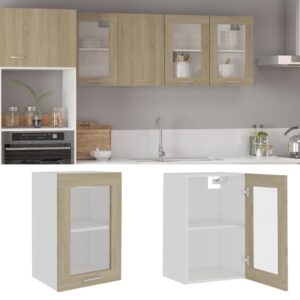 Chic Sonoma Oak Wall Mounted Kitchen Cabinet with Glass Door Storage Organizer