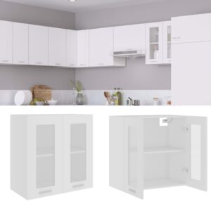 White Wall Mounted Kitchen Cabinet with Glass Doors Storage Organizer Shelves