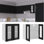 Wall Mounted Kitchen Storage Cabinet with Glass Doors in Black - Spacious Organizer