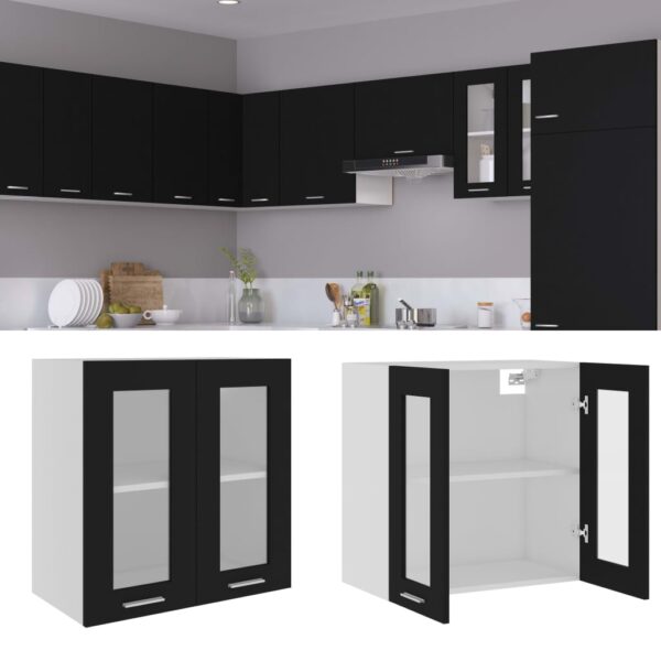 Wall Mounted Kitchen Storage Cabinet with Glass Doors in Black - Spacious Organizer