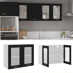 Wall Mounted Kitchen Cabinet with Glass Doors - Black Engineered Wood Storage