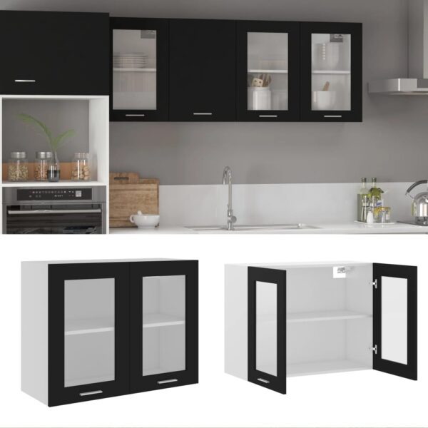 Wall Mounted Kitchen Cabinet with Glass Doors - Black Engineered Wood Storage