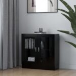 Elegant Black Display Cabinet Glass Doors Storage Bookshelf Organizer Wood