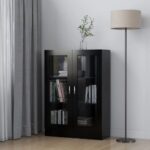 Elegant Black Display Cabinet Glass Doors Engineered Wood Storage Organizer