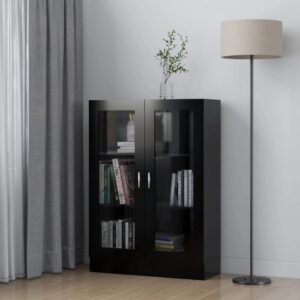 Elegant Black Display Cabinet Glass Doors Engineered Wood Storage Organizer