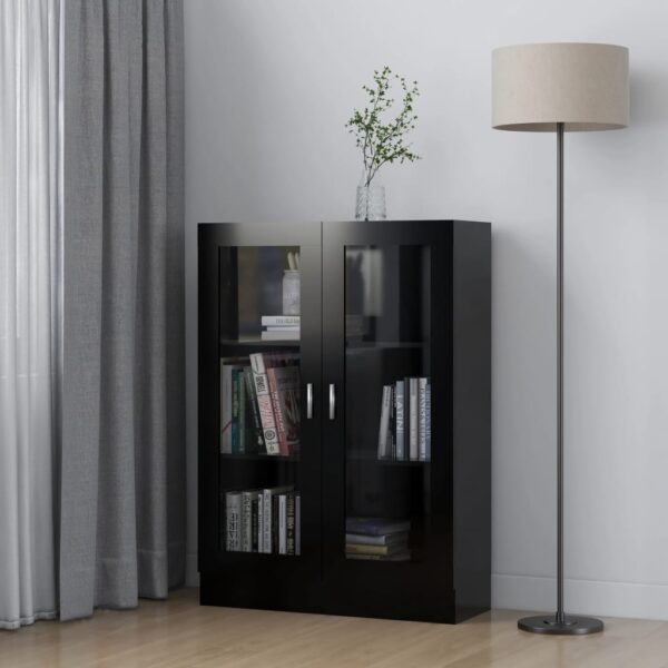 Elegant Black Display Cabinet Glass Doors Engineered Wood Storage Organizer