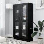 Chic Black Display Cabinet Engineered Wood Glass Doors Storage Organizer Shelf