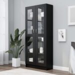 Chic Black Display Cabinet Engineered Wood Glass Doors Storage Organizer Shelf