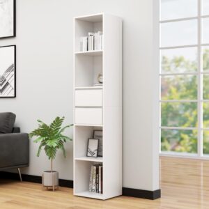 Chic White Bookshelf Cabinet with Drawers Modern Engineered Wood Storage Organizer