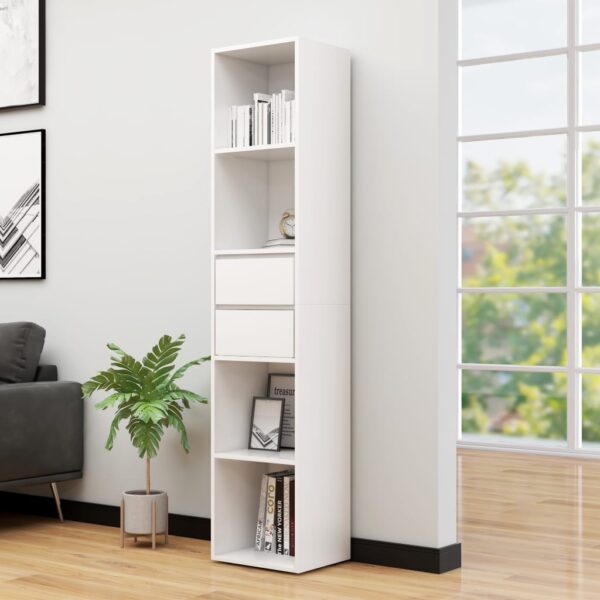 Chic White Bookshelf Cabinet with Drawers Modern Engineered Wood Storage Organizer