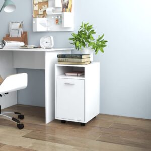 Modern White Engineered Wood Side Cabinet with Lockable Swivel Wheels