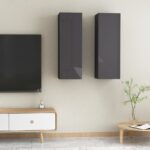 High Gloss Grey Wall-Mounted TV Cabinet Set Engineered Wood with Shelves