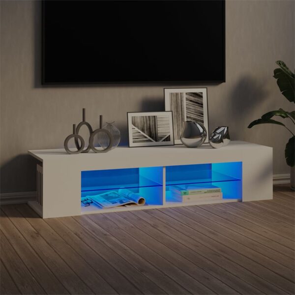 Modern White TV Stand Cabinet with RGB LED Lighting Spacious Media Storage