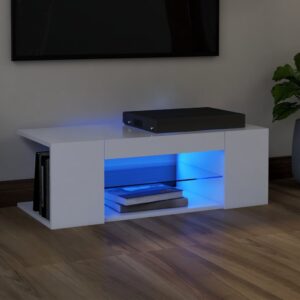 Modern White TV Stand Cabinet with RGB LED Lighting High Gloss Media Console