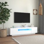 Modern White TV Stand Cabinet High Gloss with RGB LED Lighting Spacious Storage