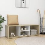 Stylish White Sonoma Oak Shoe Storage Bench Organizer with Seating Engineered Wood