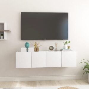 Modern White Wall Mounted TV Cabinet Set Dual Compartments Home Media Storage