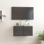 Modern High Gloss Grey Wall Mounted TV Cabinet Media Storage Unit with Compartments