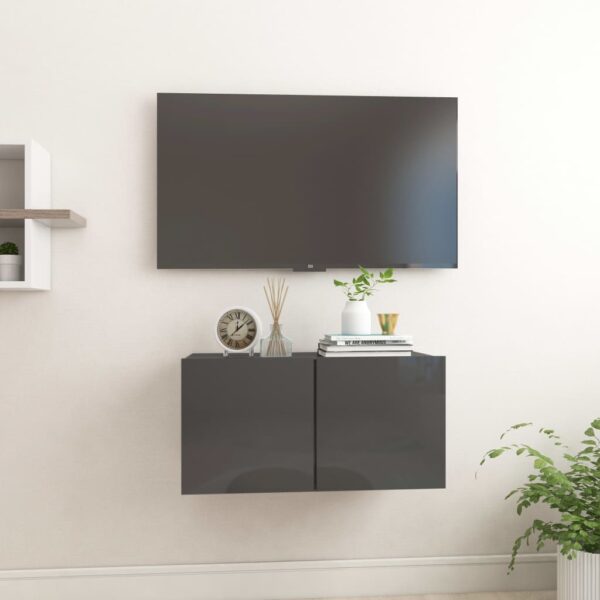 Modern High Gloss Grey Wall Mounted TV Cabinet Media Storage Unit with Compartments