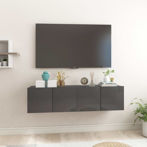 Modern High Gloss Grey Wall Mounted TV Cabinet Set Dual Storage Compartments