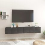 Modern High Gloss Grey Wall Mounted TV Cabinet Set Storage Units Home Furniture