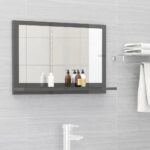 Chic High Gloss Grey Bathroom Mirror with Shelf Contemporary Engineered Wood