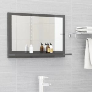 Chic High Gloss Grey Bathroom Mirror with Shelf Contemporary Engineered Wood