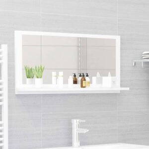 Chic White Wall Mounted Bathroom Mirror with Shelf Contemporary Acrylic Wood