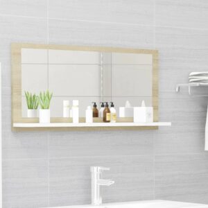 Chic White & Oak Finish Wall Mounted Bathroom Mirror with Shelf - Engineered Wood