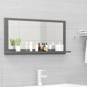 Chic High Gloss Grey Wall Mounted Bathroom Mirror with Shelf Engineered Wood