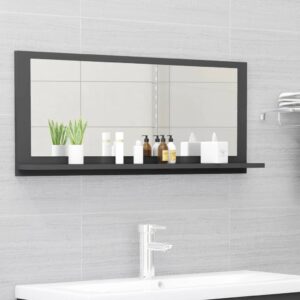 Chic Grey Wall Mounted Bathroom Mirror with Shelf Contemporary Wooden Acrylic