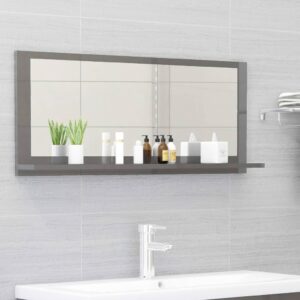 Chic High Gloss Grey Wall Mounted Bathroom Mirror with Shelf Contemporary