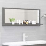 Chic High Gloss Grey Wall Mounted Bathroom Mirror with Shelf Engineered Wood