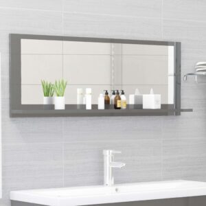 Chic High Gloss Grey Wall Mounted Bathroom Mirror with Shelf Engineered Wood