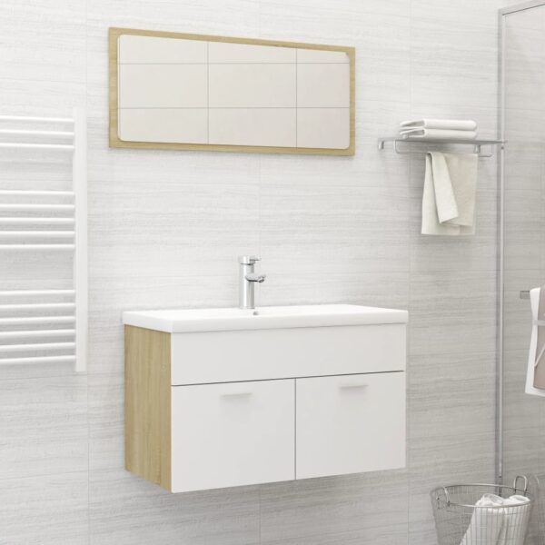 Chic White Sonoma Oak Finish Bathroom Storage Cabinet with Acrylic Mirror Set