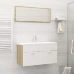 Elegant White Sonoma Oak Bathroom Vanity Cabinet Set with Mirror Storage