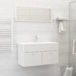 High Gloss White Bathroom Furniture Set Mirror Cabinet Storage Engineered Wood