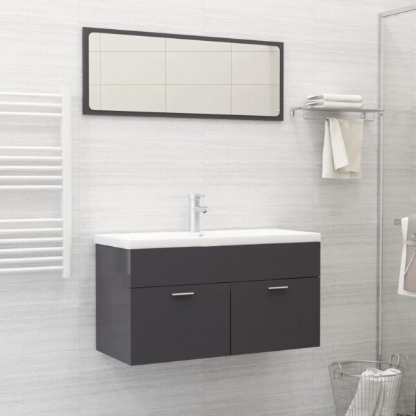 High Gloss Grey Bathroom Furniture Set Mirror Cabinet Storage Engineered Wood