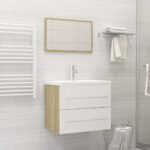 Chic White Sonoma Oak Bathroom Vanity Set with Acrylic Mirror Storage Cabinet