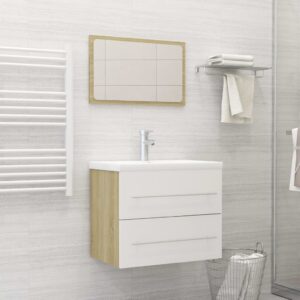 Chic White Sonoma Oak Bathroom Vanity Set with Acrylic Mirror Storage Cabinet