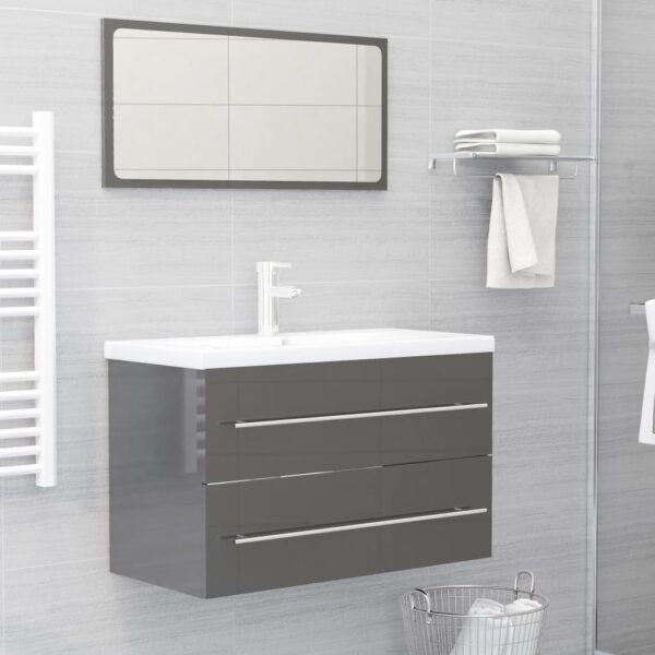 Chic High Gloss Grey Bathroom Vanity Set with Mirror Engineered Wood Storage