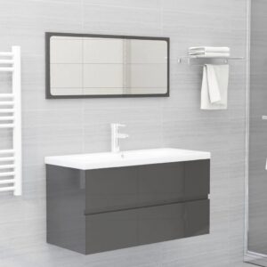 High Gloss Grey Bathroom Furniture Set Engineered Wood Mirror Cabinet Storage