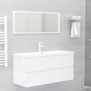 Chic High Gloss White Bathroom Furniture Set Mirror Cabinet Storage Engineered Wood