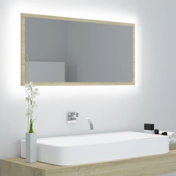 Contemporary LED Bathroom Mirror Wall Mounted Sonoma Oak Finish RGB Light