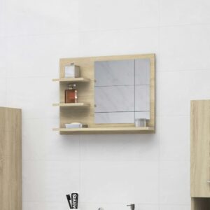 Chic Sonoma Oak Finish Wall Mirror with Shelves Contemporary Bathroom Decor