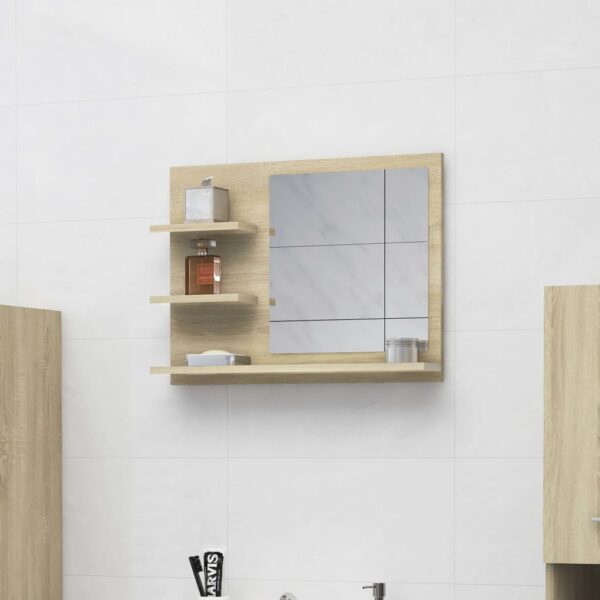 Chic Sonoma Oak Finish Wall Mirror with Shelves Contemporary Bathroom Decor